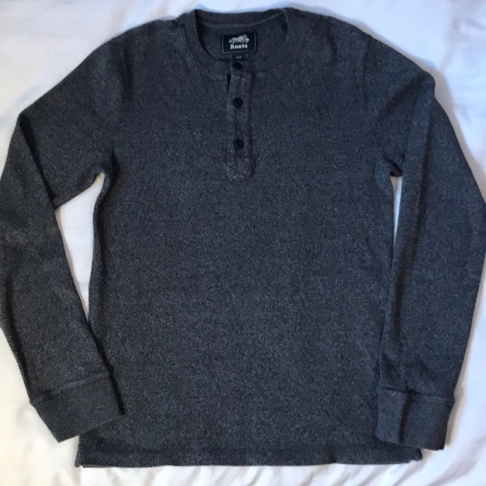 Roots salt/pepper cotton fine ribbed Henley sweater EUC